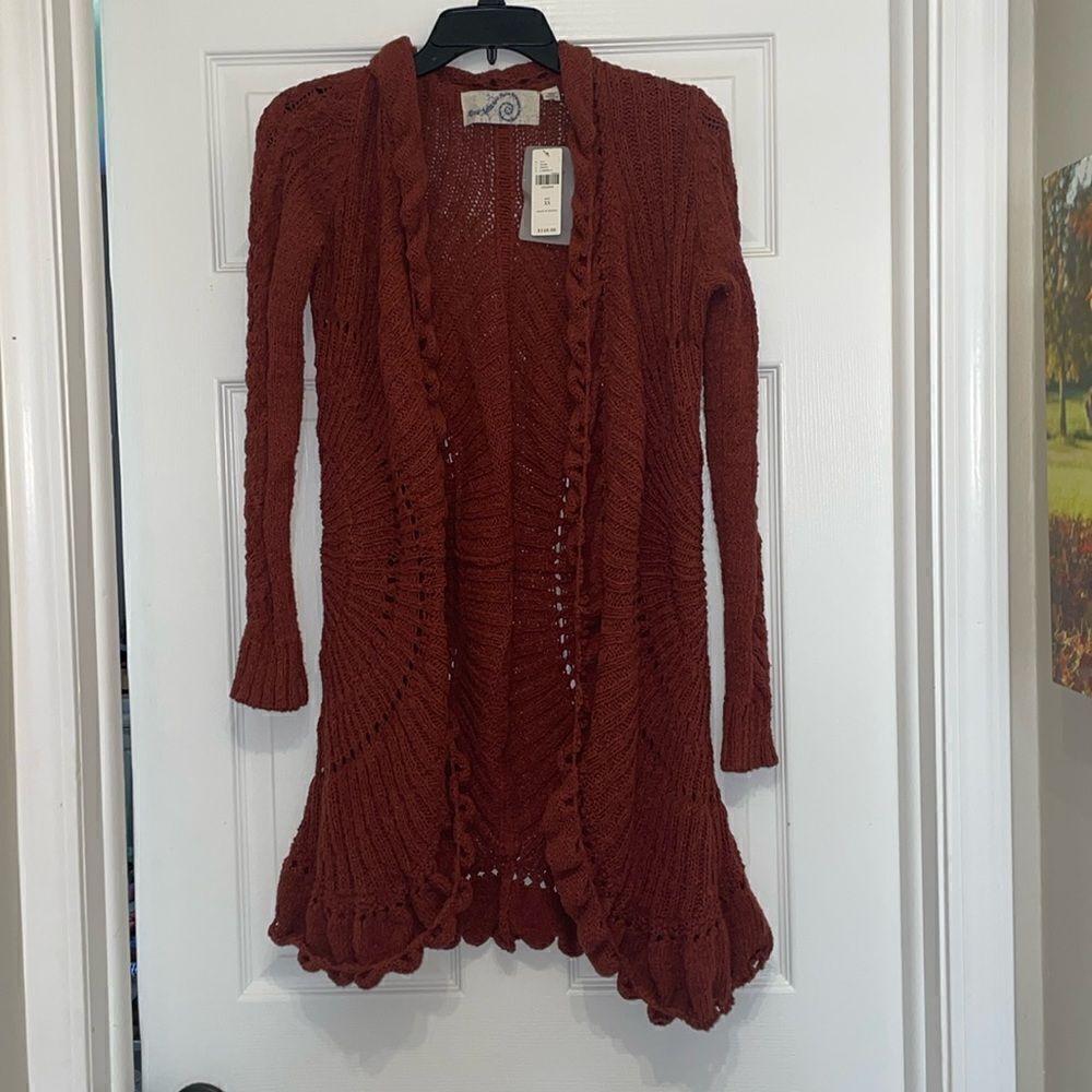 Anthropologie Rosie Neira Dark Rust Open Ruffle Cardigan, NWT